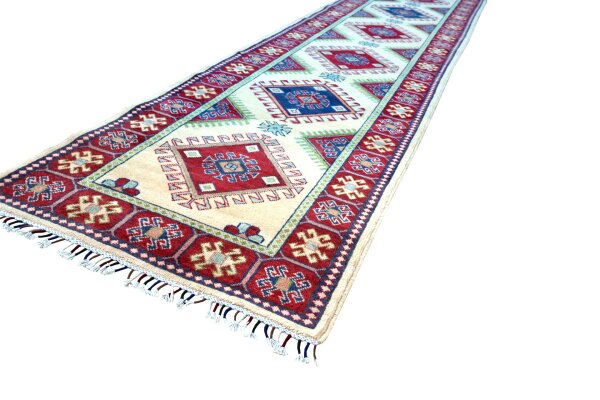 Teppich Orient Afghan Kazak Läufer 86x360 cm 100% Wolle Handgeknüpft Rug beige