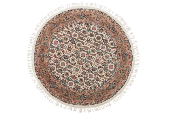 Teppich Orient Herati Rund 100x100 cm 100% Wolle Handgeknüpft mit Fransen creme