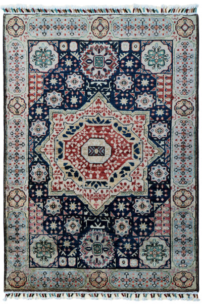 Teppich Orient Afghan Ziegler Mamluk 100x150 cm 100% Wolle Rug Handgeknüpft blau