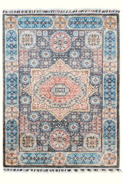 Teppich Orient Ziegler Mamluk 100x150 cm 100% Wolle Rug Handgeknüpft grau blau