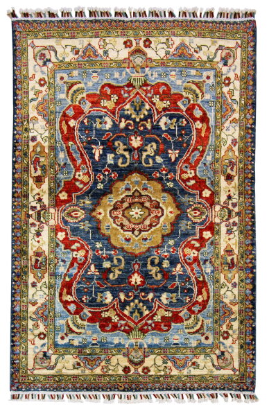 Teppich Orient Ziegler Sultani 100x150 cm 100% Wolle Handgeknüpft Rug beige blau