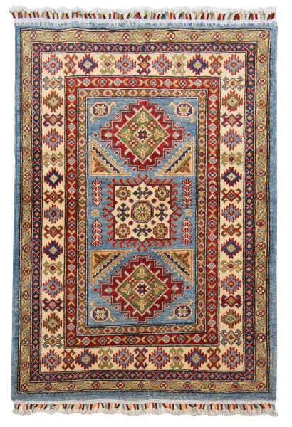Teppich Orient Kazak 100x140 cm 100% Wolle Handgeknüpft Carpet rot creme blau