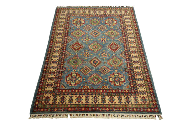 Teppich Orient Kazak 150x200 cm 100% Wolle Handgeknüpft Rug Tapis beige rot blau