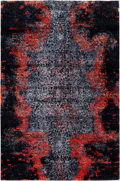 Design Teppich Lava 250x300 cm Wolle Bambus Seide Handgeknüpft Rug orange grau