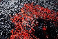 Design Teppich Lava 250x300 cm Wolle Bambus Seide Handgeknüpft Rug orange grau