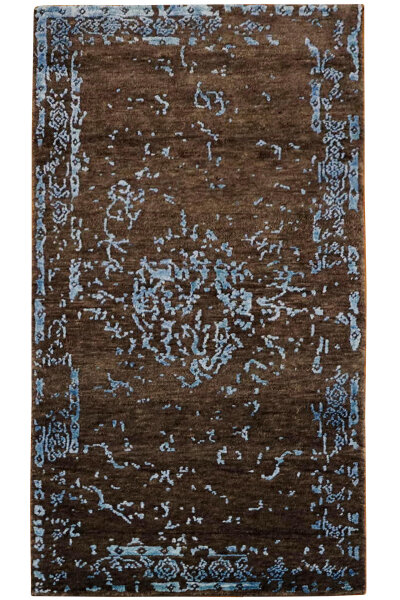 Teppich Nepal Musterring Soho Deluxe Handgeknüpft Wolle 70x140 cm blau grau