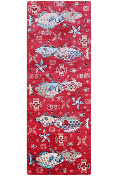 Teppich Fishes Red Läufer Galerie 80x200 cm Handgeknüpft 100% Wolle rot